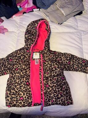 healthtex Leopard Print Puffer Jacket with Pink Hearts and Lined Hood